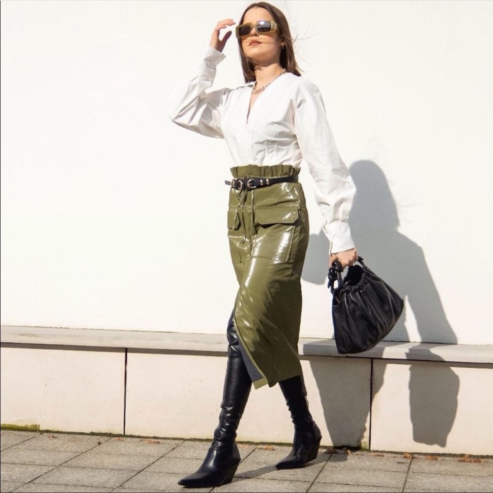 NWT Zara High Waist Patent Faux Leather Midi Skirt Blogger Fav Sz XS